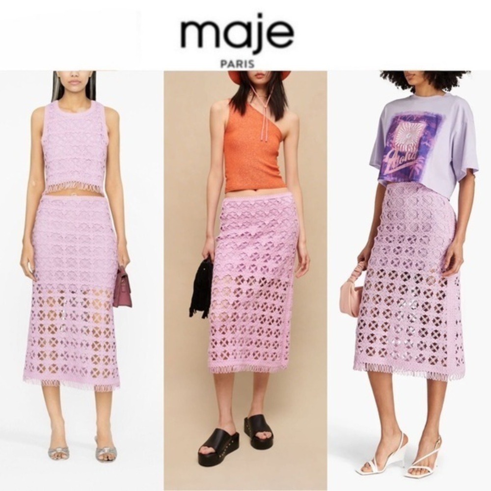 Maje Juliette Lilac Crochet Cotton Midi Skirt FR 36 NWT
